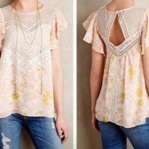 Anthropologie HD in Paris Lace Floral Flutter Sleeve Blouse Size 2